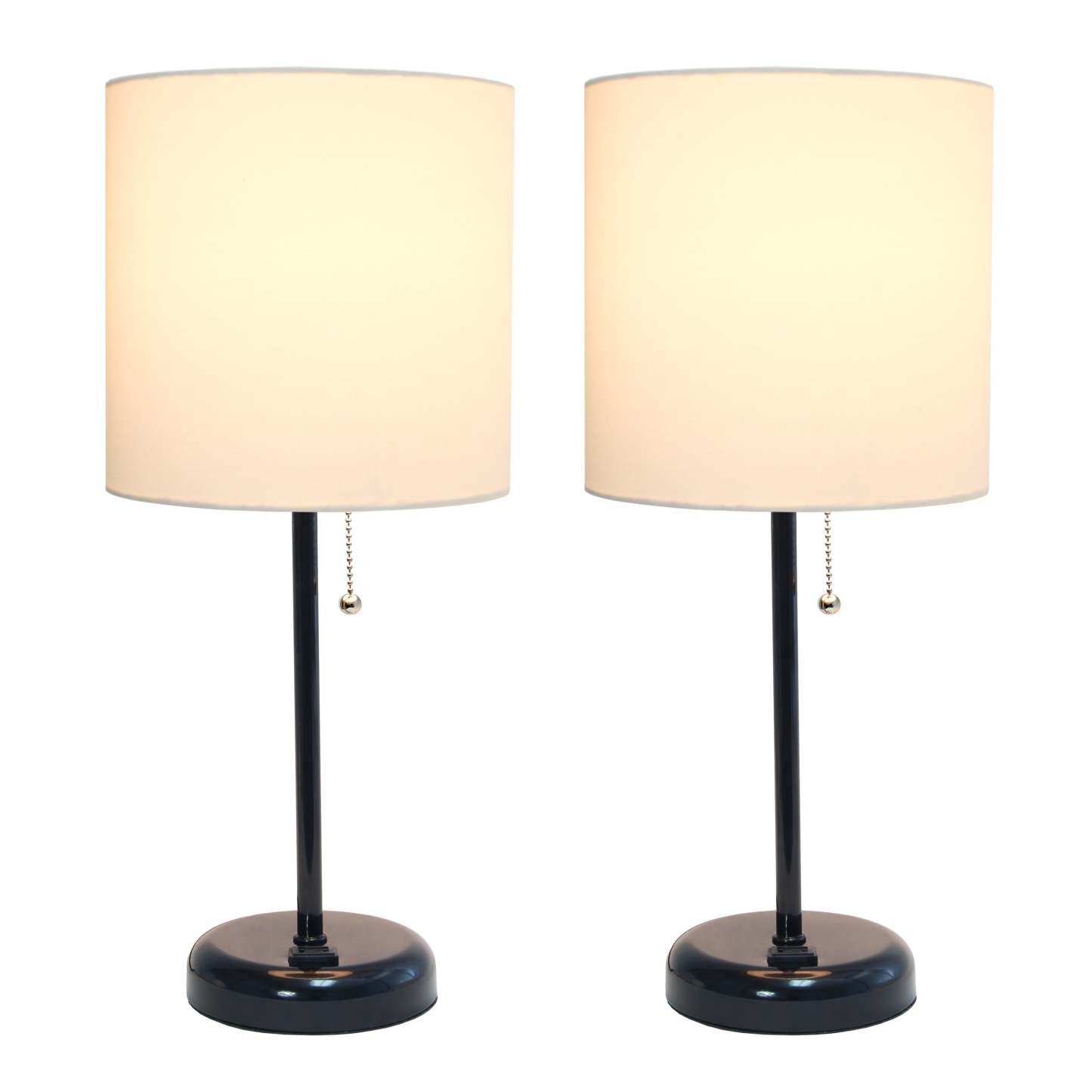 Limelights Ensemble de 2 lampes noires avec prise de recharge et abat-jour en tissu, Ensemble de lampes blanches|Ensemble 2 lampes Limelights blanches avec pied mince noir et prise de recharge|D2172NK2