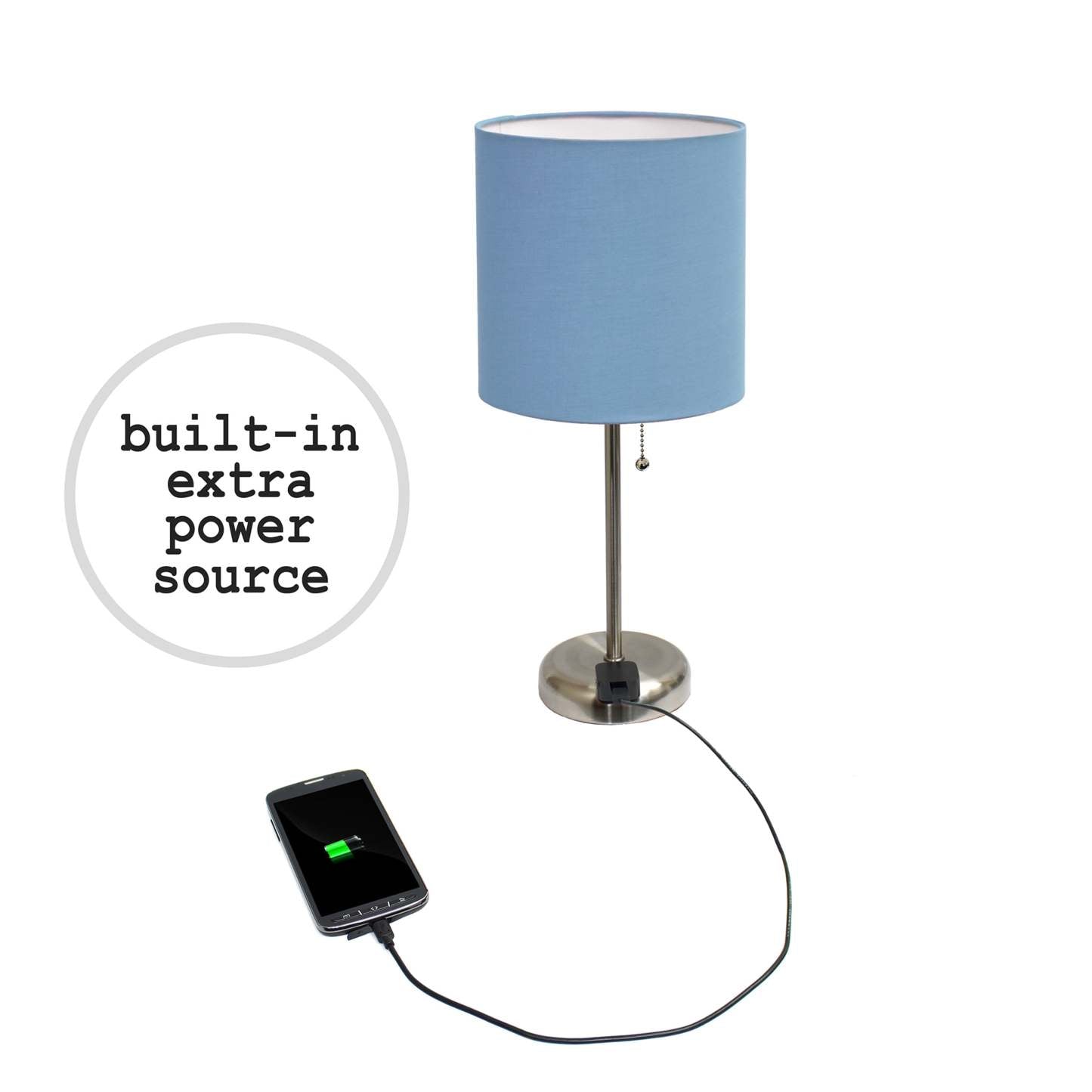 Lampe à bâton en acier brossé Limelights avec prise de recharge et abat-jour en tissu, ensemble de 2 lampes, ensemble de lampes bleues Limelights avec pied mince en acier brossé et prise de recharge|D21LFFRT