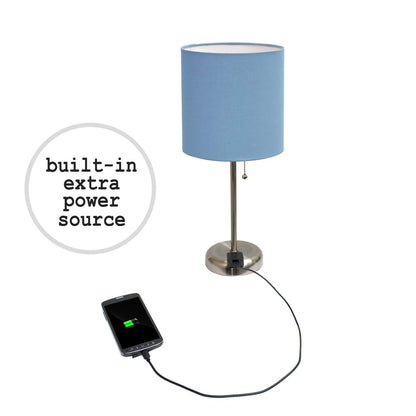 Lampe à bâton en acier brossé Limelights avec prise de recharge et abat-jour en tissu, ensemble de 2 lampes, ensemble de lampes bleues Limelights avec pied mince en acier brossé et prise de recharge|D21LFFRT