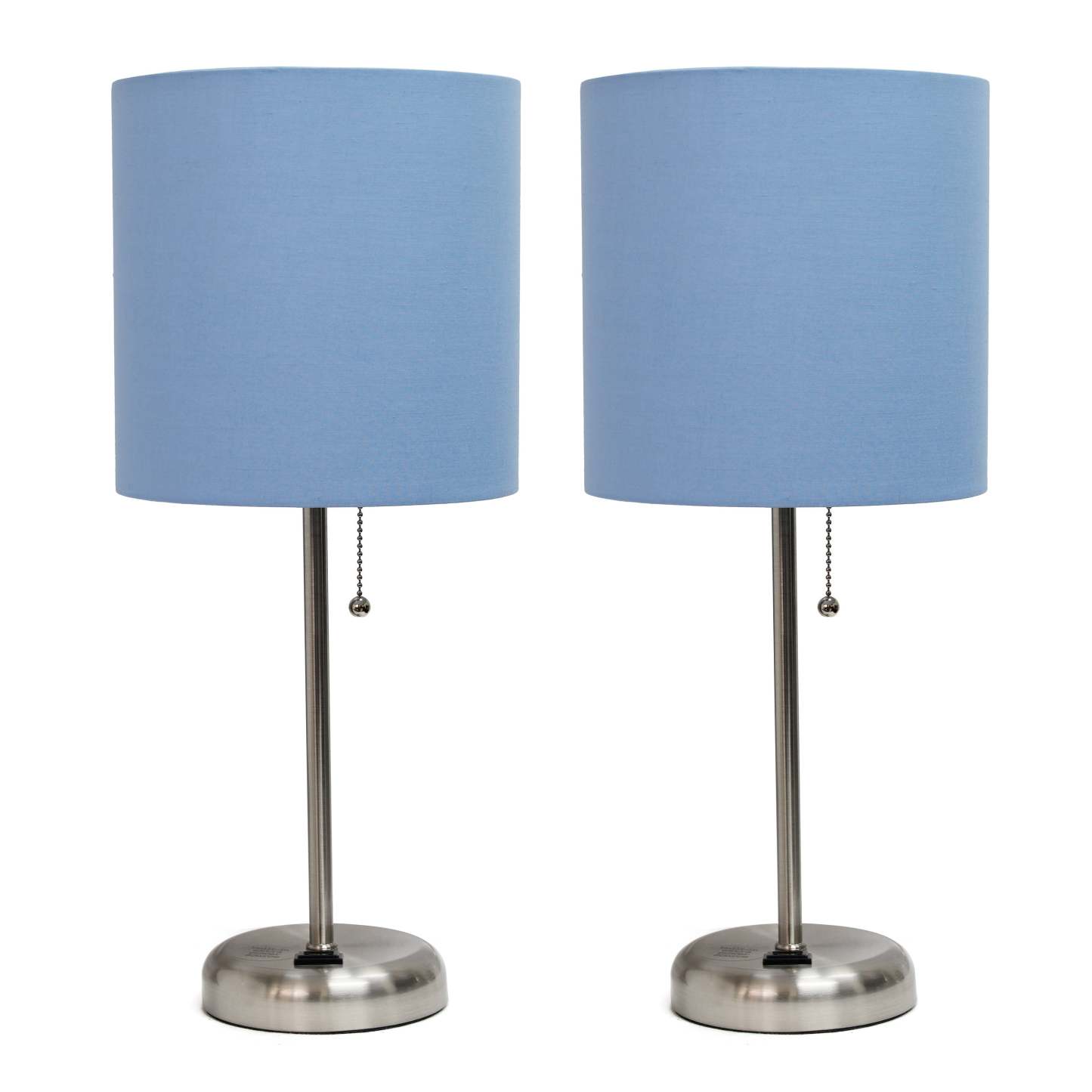 Lampe à bâton en acier brossé Limelights avec prise de recharge et abat-jour en tissu, ensemble de 2 lampes, ensemble de lampes bleues Limelights avec pied mince en acier brossé et prise de recharge|D21LFFRT