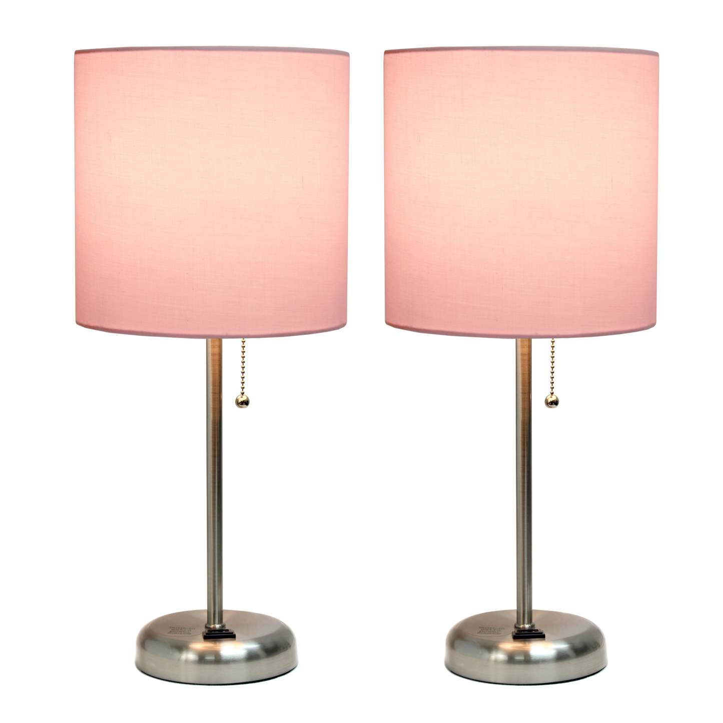 Lampe Stick en Acier Brossé Limelights avec Prise de Recharge et Abat-jour en Tissu, Ensemble de 2 Lampes, Ensemble de Lampes Rose Clair Limelights|D21US4ZX