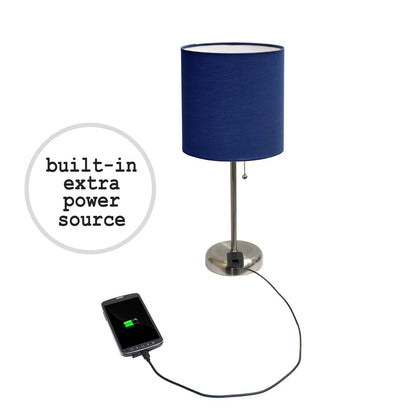Lampe Stick en Acier Brossé Limelights avec Prise de Recharge et Abat-jour en Tissu Ensemble de 2 Lampes, Ensemble de Lampes Bleu Marine|Ensemble 2 lampes Limelights bleu marine avec pied mince en acier brossé et prise de recharge|D214UPAW
