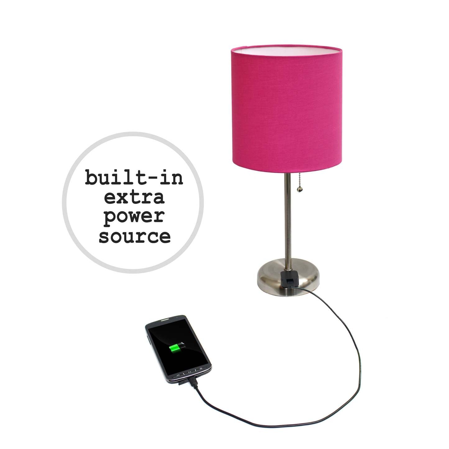 Limelights Ensemble 2 lampes en acier brossé avec prise de recharge et abat-jour en tissu, ensemble de lampes roses | Ensemble 2 lampes Limelights rose avec pied mince en acier brossé et prise de recharge | D21YEEET
