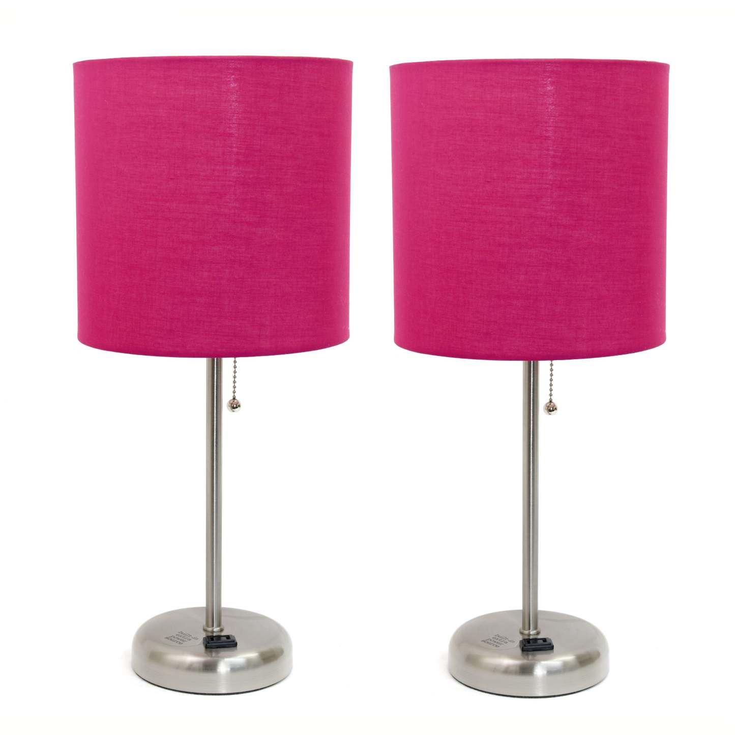 Limelights Ensemble 2 lampes en acier brossé avec prise de recharge et abat-jour en tissu, ensemble de lampes roses | Ensemble 2 lampes Limelights rose avec pied mince en acier brossé et prise de recharge | D21YEEET