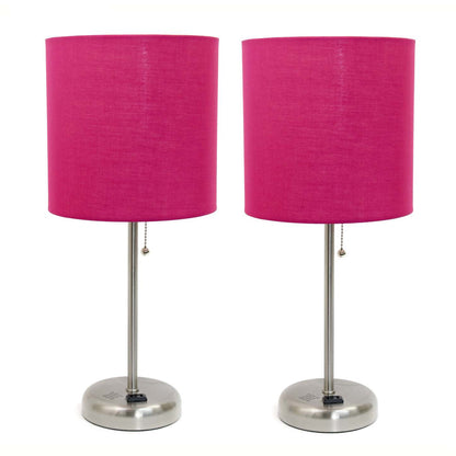 Limelights Ensemble 2 lampes en acier brossé avec prise de recharge et abat-jour en tissu, ensemble de lampes roses | Ensemble 2 lampes Limelights rose avec pied mince en acier brossé et prise de recharge | D21YEEET
