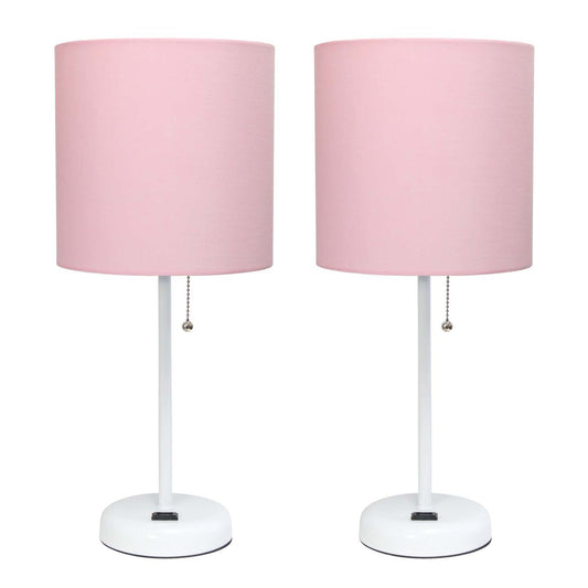 Limelights Lampe à Stick Blanche avec Prise de Charge et Abat-jour en Tissu 2 Pack Set, Ensemble de Lampes Roses Limelights|Ensemble 2 lampes Limelights roses avec pied mince blanc et prise de recharge|D21L7MDV