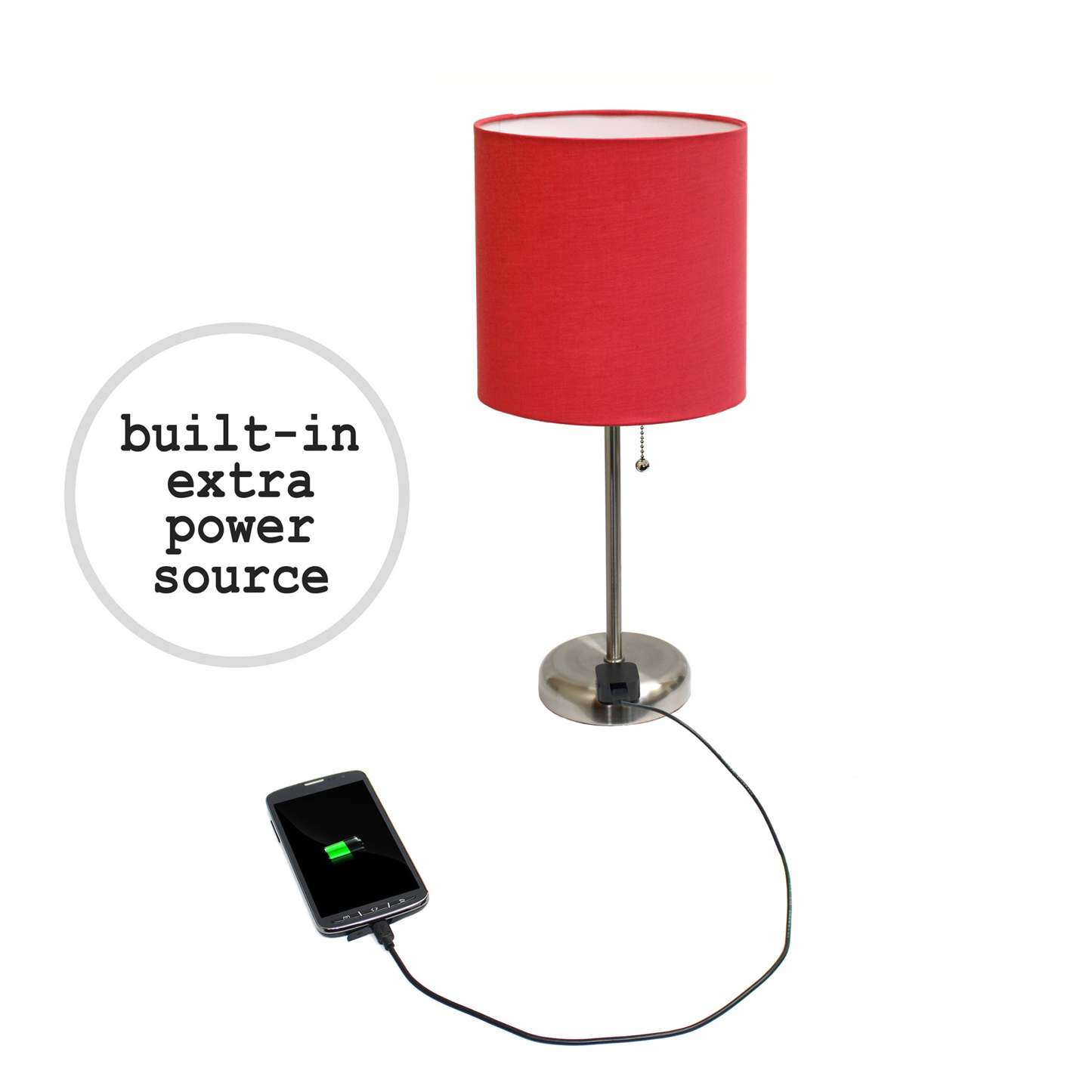 Limelights Brushed Steel Stick Lamp with Charging Outlet And Fabric Shade 2 Pack Set, Red Lamp Set|Ensemble 2 lampes Limelights rouges avec prise de recharge et abat-jour en tissu|D2179MOA