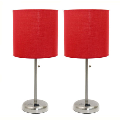 Limelights Brushed Steel Stick Lamp with Charging Outlet And Fabric Shade 2 Pack Set, Red Lamp Set|Ensemble 2 lampes Limelights rouges avec prise de recharge et abat-jour en tissu|D2179MOA