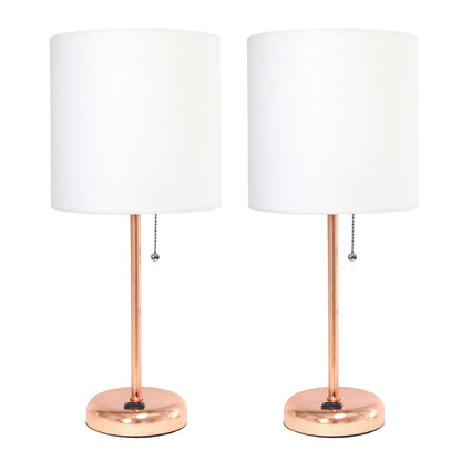 Lampe à bâton Limelights en or rose avec prise de recharge et abat-jour en tissu, ensemble de 2 lampes blanches | Ensemble de 2 lampes Limelights blanches avec pied haché en or rose et prise de recharge | D22XHVE1