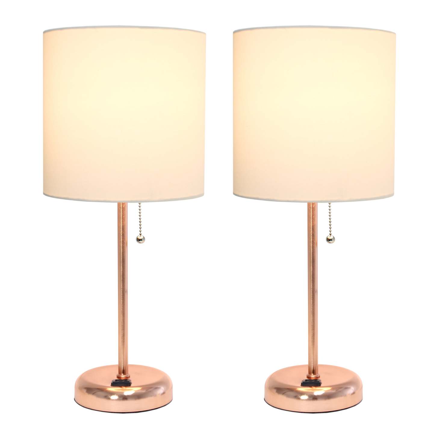 Lampe à bâton Limelights en or rose avec prise de recharge et abat-jour en tissu, ensemble de 2 lampes blanches | Ensemble de 2 lampes Limelights blanches avec pied haché en or rose et prise de recharge | D22XHVE1