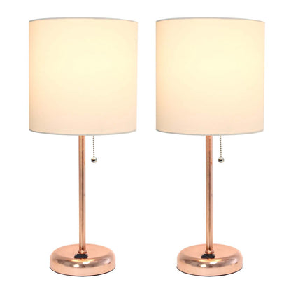 Lampe à bâton Limelights en or rose avec prise de recharge et abat-jour en tissu, ensemble de 2 lampes blanches | Ensemble de 2 lampes Limelights blanches avec pied haché en or rose et prise de recharge | D22XHVE1