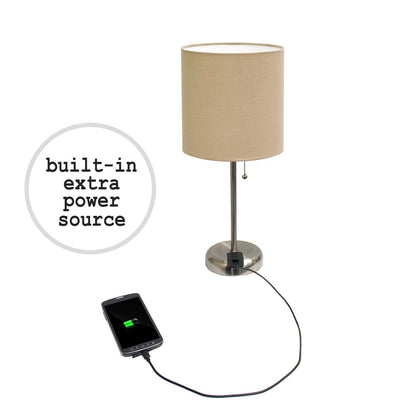 Limelights Ensemble de 2 lampes en acier brossé avec prise de recharge et abat-jour en tissu, ensemble de lampes beige|Ensemble 2 lampes Limelights brun clair avec pied mince acier brossé et prise de recharge|D2149GHE