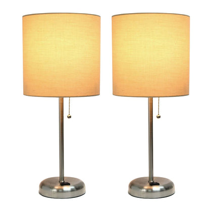 Limelights Ensemble de 2 lampes en acier brossé avec prise de recharge et abat-jour en tissu, ensemble de lampes beige|Ensemble 2 lampes Limelights brun clair avec pied mince acier brossé et prise de recharge|D2149GHE