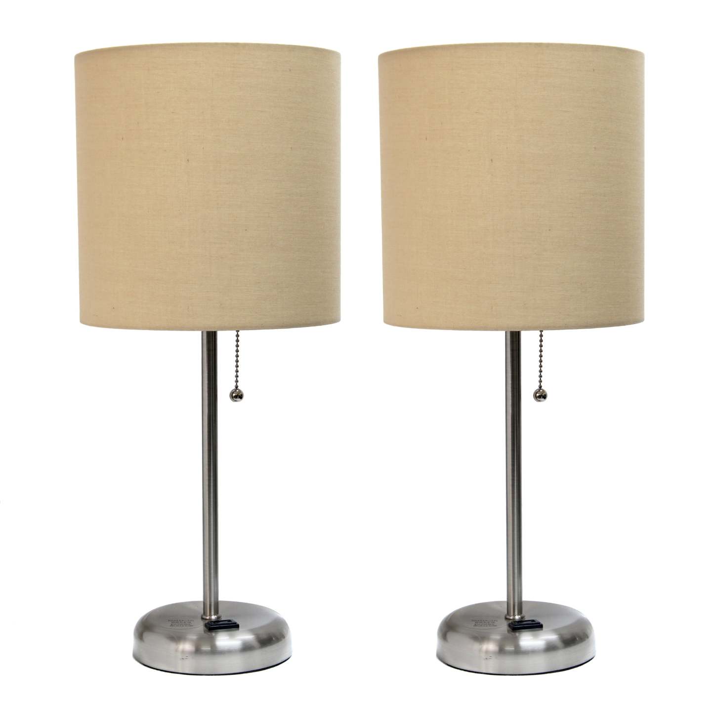 Limelights Ensemble de 2 lampes en acier brossé avec prise de recharge et abat-jour en tissu, ensemble de lampes beige|Ensemble 2 lampes Limelights brun clair avec pied mince acier brossé et prise de recharge|D2149GHE