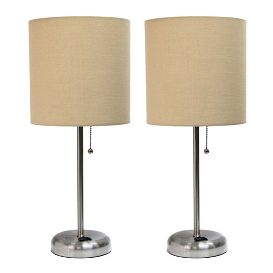Limelights Ensemble de 2 lampes en acier brossé avec prise de recharge et abat-jour en tissu, ensemble de lampes beige|Ensemble 2 lampes Limelights brun clair avec pied mince acier brossé et prise de recharge|D2149GHE