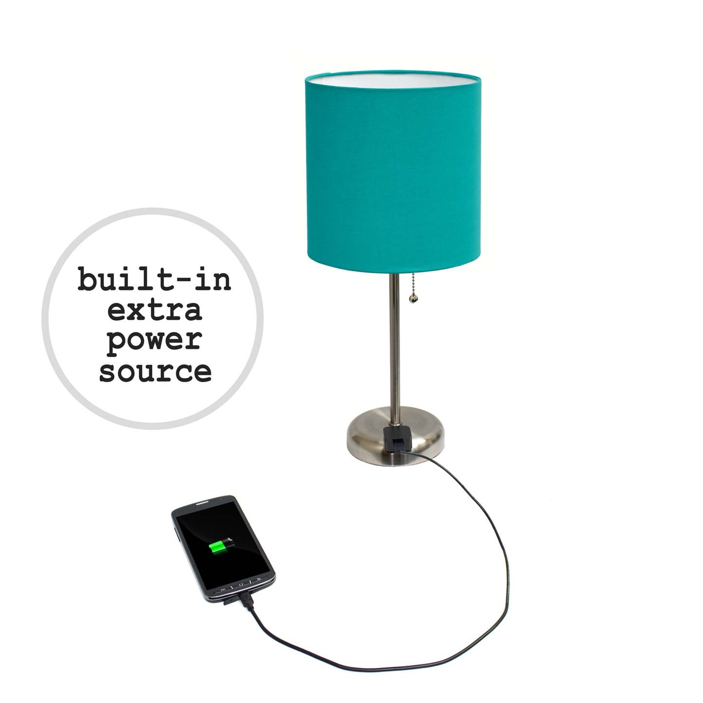 Limelights Ensemble 2 lampes en acier brossé avec prise de recharge et abat-jour en tissu, ensemble de lampes turquoise|Ensemble 2 lampes Limelights turquoise avec pied mince en acier brossé et prise de recharge|D21TUK59