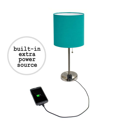 Limelights Ensemble 2 lampes en acier brossé avec prise de recharge et abat-jour en tissu, ensemble de lampes turquoise|Ensemble 2 lampes Limelights turquoise avec pied mince en acier brossé et prise de recharge|D21TUK59