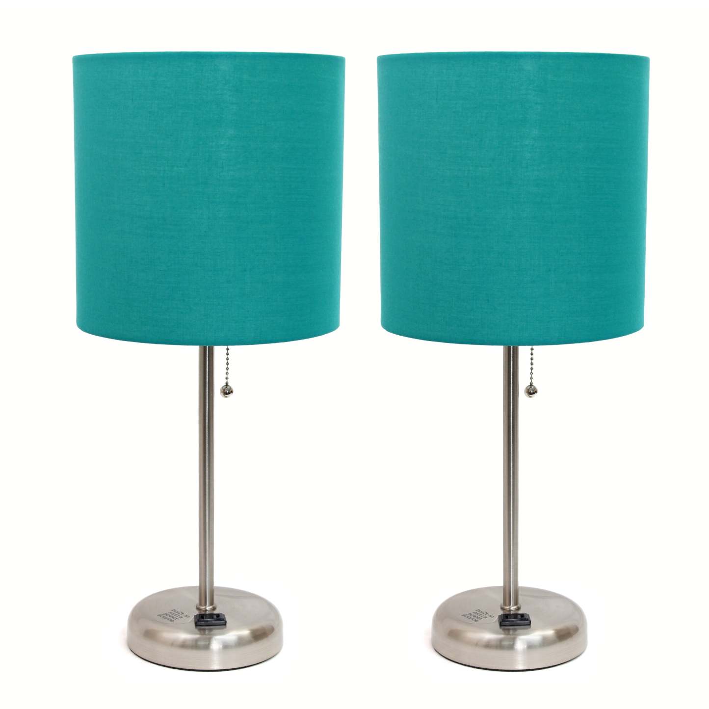 Limelights Ensemble 2 lampes en acier brossé avec prise de recharge et abat-jour en tissu, ensemble de lampes turquoise|Ensemble 2 lampes Limelights turquoise avec pied mince en acier brossé et prise de recharge|D21TUK59