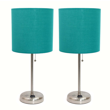 Limelights Ensemble 2 lampes en acier brossé avec prise de recharge et abat-jour en tissu, ensemble de lampes turquoise|Ensemble 2 lampes Limelights turquoise avec pied mince en acier brossé et prise de recharge|D21TUK59