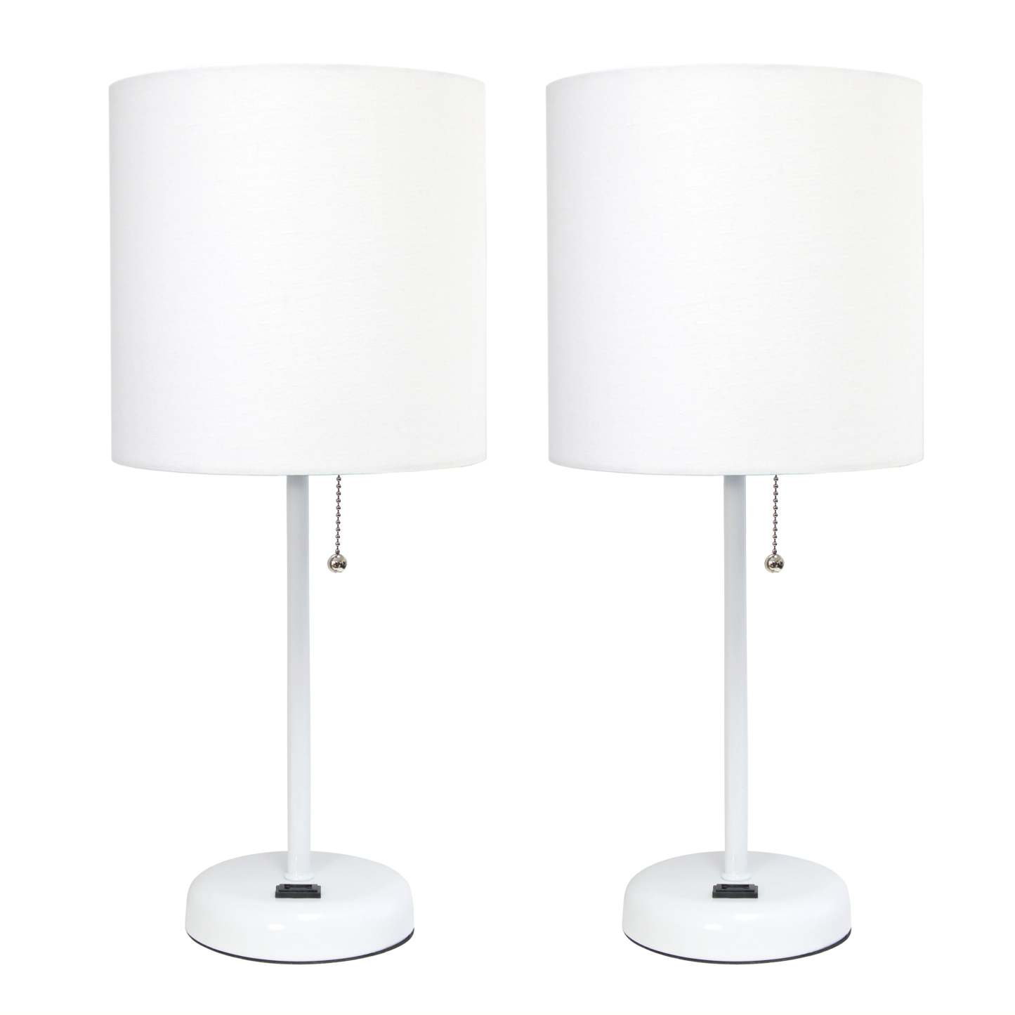 Limelights Ensemble 2 lampes blanches avec prise de recharge et abat-jour en tissu, Ensemble de lampes blanches|Ensemble 2 lampes Limelights blanches avec pied mince blanc et prise de recharge|D213M27U