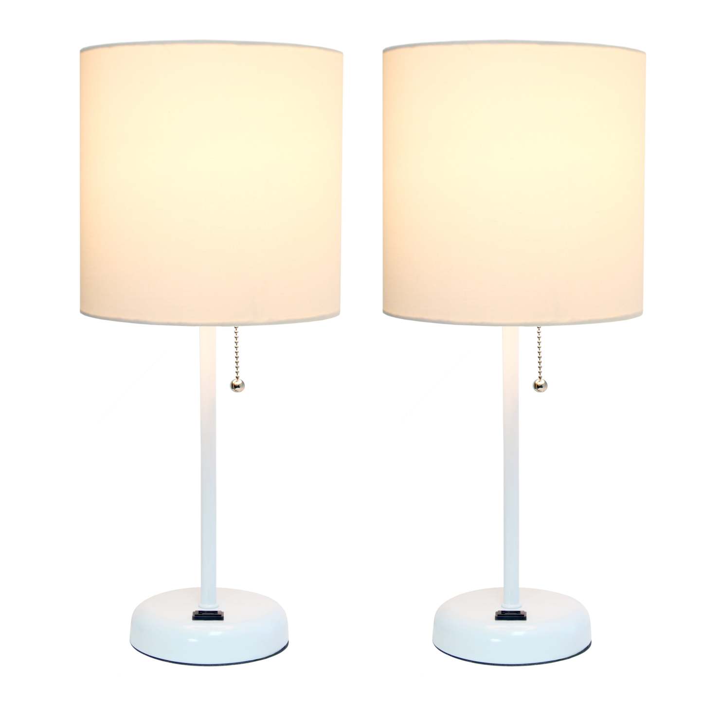 Limelights Ensemble 2 lampes blanches avec prise de recharge et abat-jour en tissu, Ensemble de lampes blanches|Ensemble 2 lampes Limelights blanches avec pied mince blanc et prise de recharge|D213M27U