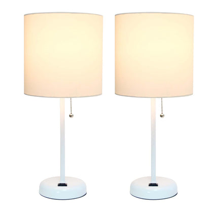 Limelights Ensemble 2 lampes blanches avec prise de recharge et abat-jour en tissu, Ensemble de lampes blanches|Ensemble 2 lampes Limelights blanches avec pied mince blanc et prise de recharge|D213M27U