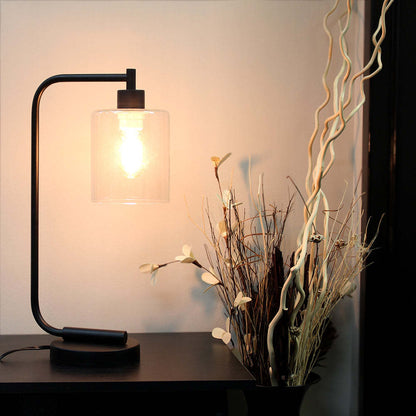 Simple Designs Bronson Antique Style Industrial Iron Lantern Desk/Task Lamp with Glass Shade, Black|Lampe de bureau/de travail Bronson de type lanterne Simple Designs industrielle en fer de style antique, noire|D212274A