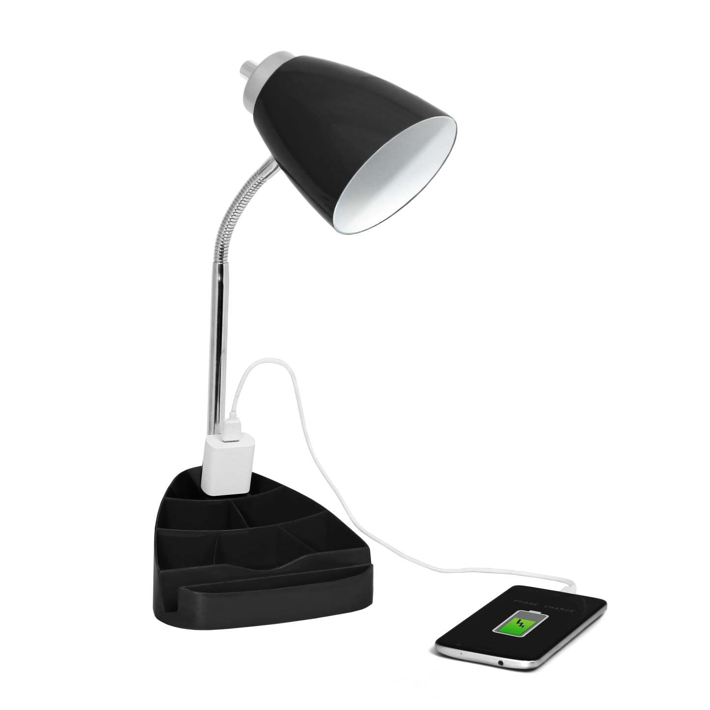 Lampe de bureau à col de cygne de Limelights avec support pour iPad et prise électrique - noire
