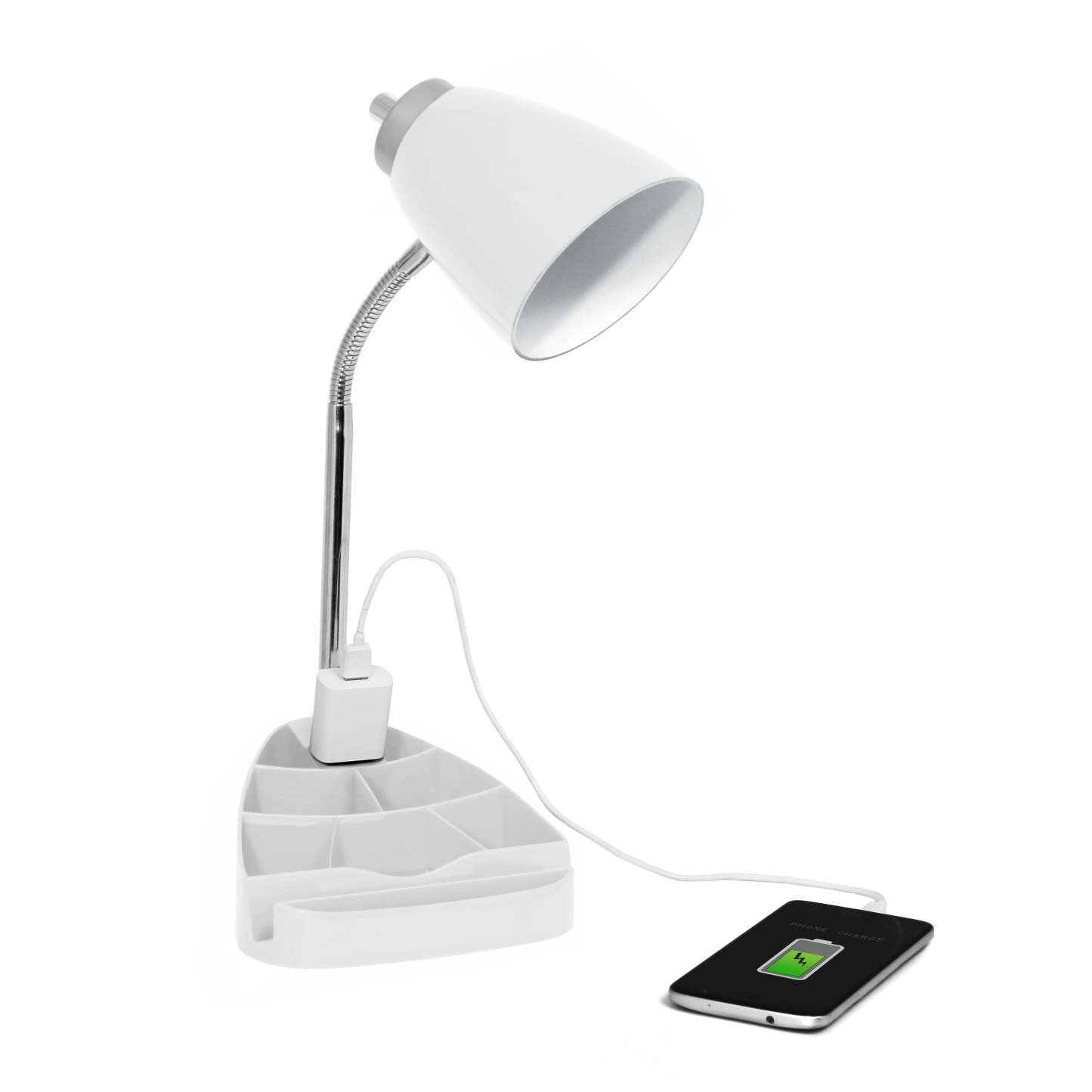Lampe de bureau à col de cygne de Limelights avec support pour iPad et prise électrique - blanche