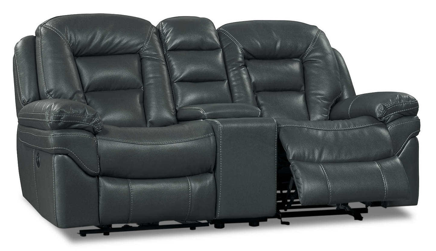 Causeuse coulissante inclinable Leo de 78 po en tissu d’apparence cuir avec console de rangement - grise