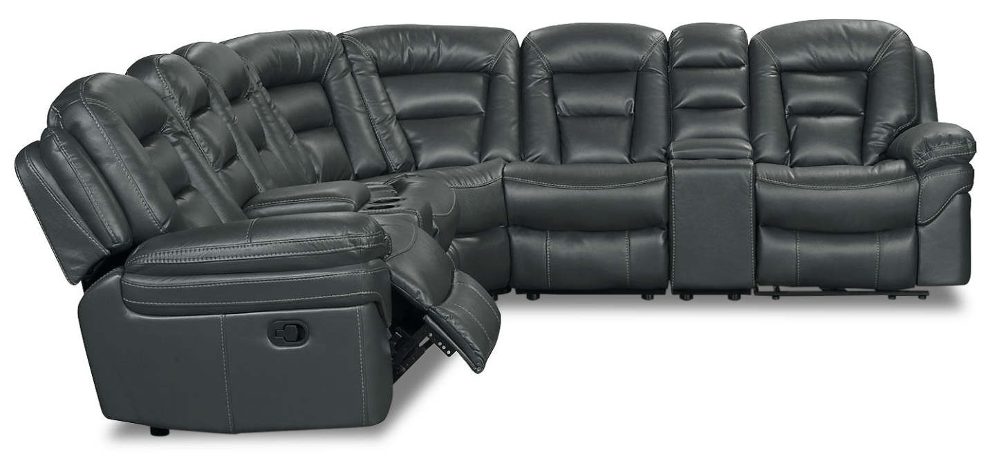 Canapé sectionnel inclinable Leo 7 pièces en tissu d'apparence cuir avec consoles de rangement et porte-gobelets - gris