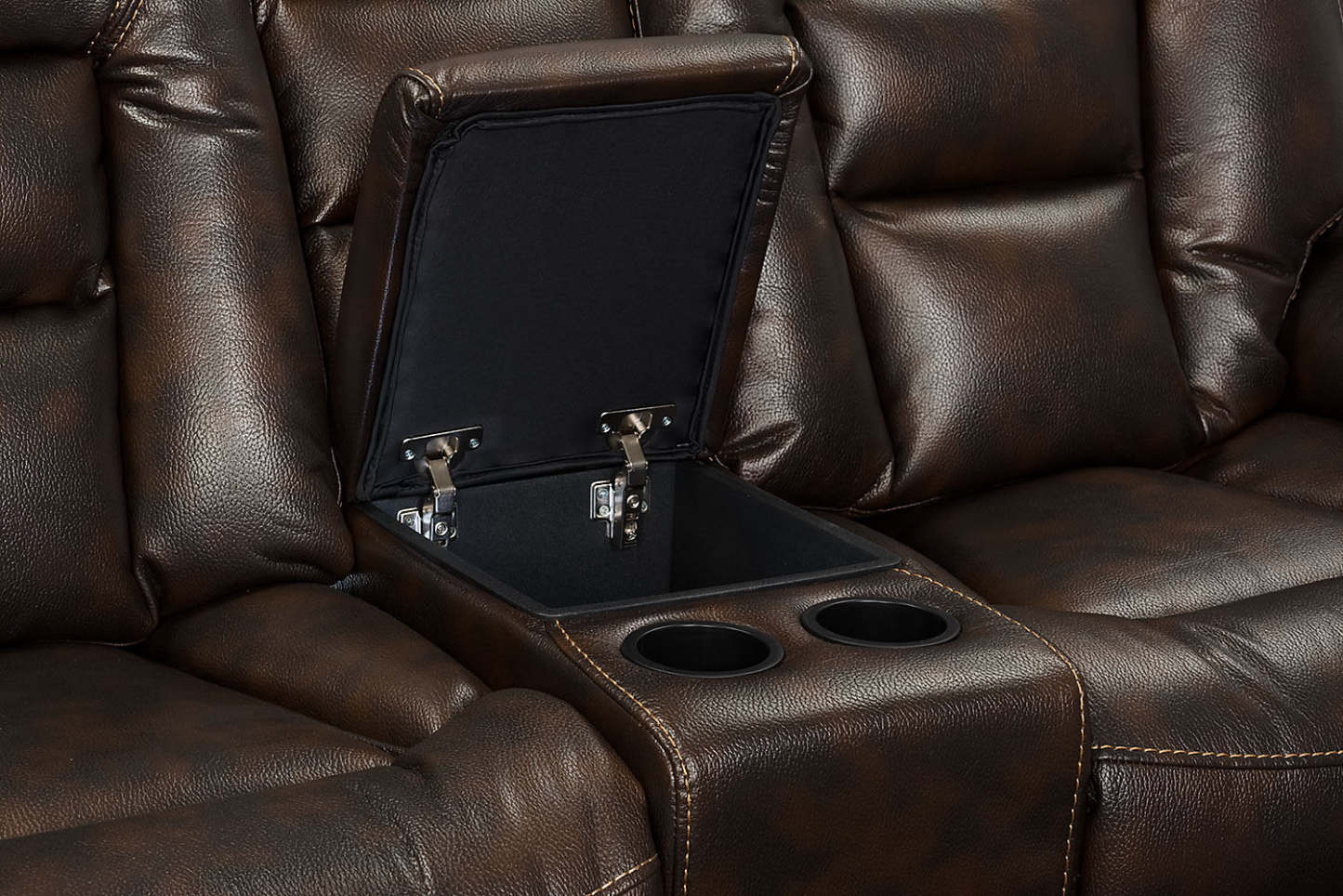 Sofa sectionnel à inclinaison électrique Leo 7 pièces en similicuir avec consoles de rangement et porte-gobelets - Brun noyer | Canapé sectionnel à inclinaison électrique Leo 7 pièces en similicuir avec consoles de rangement et porte-gobelets - brun noyer