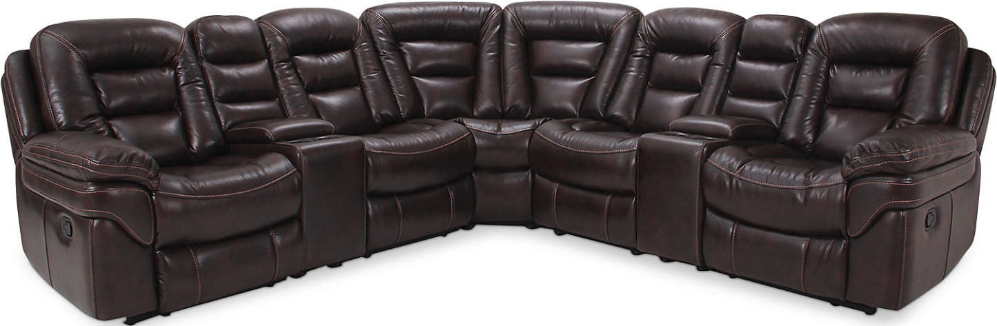 Sofa sectionnel à inclinaison électrique Leo 7 pièces en similicuir avec consoles de rangement et porte-gobelets - Brun noyer | Canapé sectionnel à inclinaison électrique Leo 7 pièces en similicuir avec consoles de rangement et porte-gobelets - brun noyer