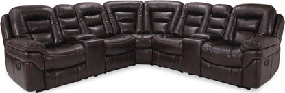 Sofa sectionnel à inclinaison électrique Leo 7 pièces en similicuir avec consoles de rangement et porte-gobelets - Brun noyer | Canapé sectionnel à inclinaison électrique Leo 7 pièces en similicuir avec consoles de rangement et porte-gobelets - brun noyer