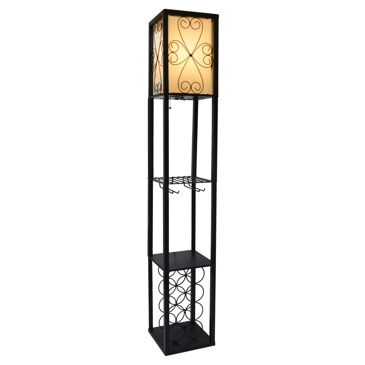 Lampadaire Simple Designs avec étagère et casier à vin - Noir|Lampe à pied de Simple Designs avec tablette et support à vin - noire