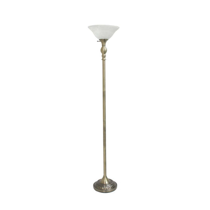 Lampe à pied torchère Elegant Designs à 1 ampoules avec abat-jour en verre marbré blanc, laiton antique|D22MEBVF