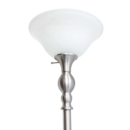 Lampe à pied torchère Elegant Designs à 1 ampoule avec abat-jour en verre marbré blanc, nickel brossé|D21PLLAB