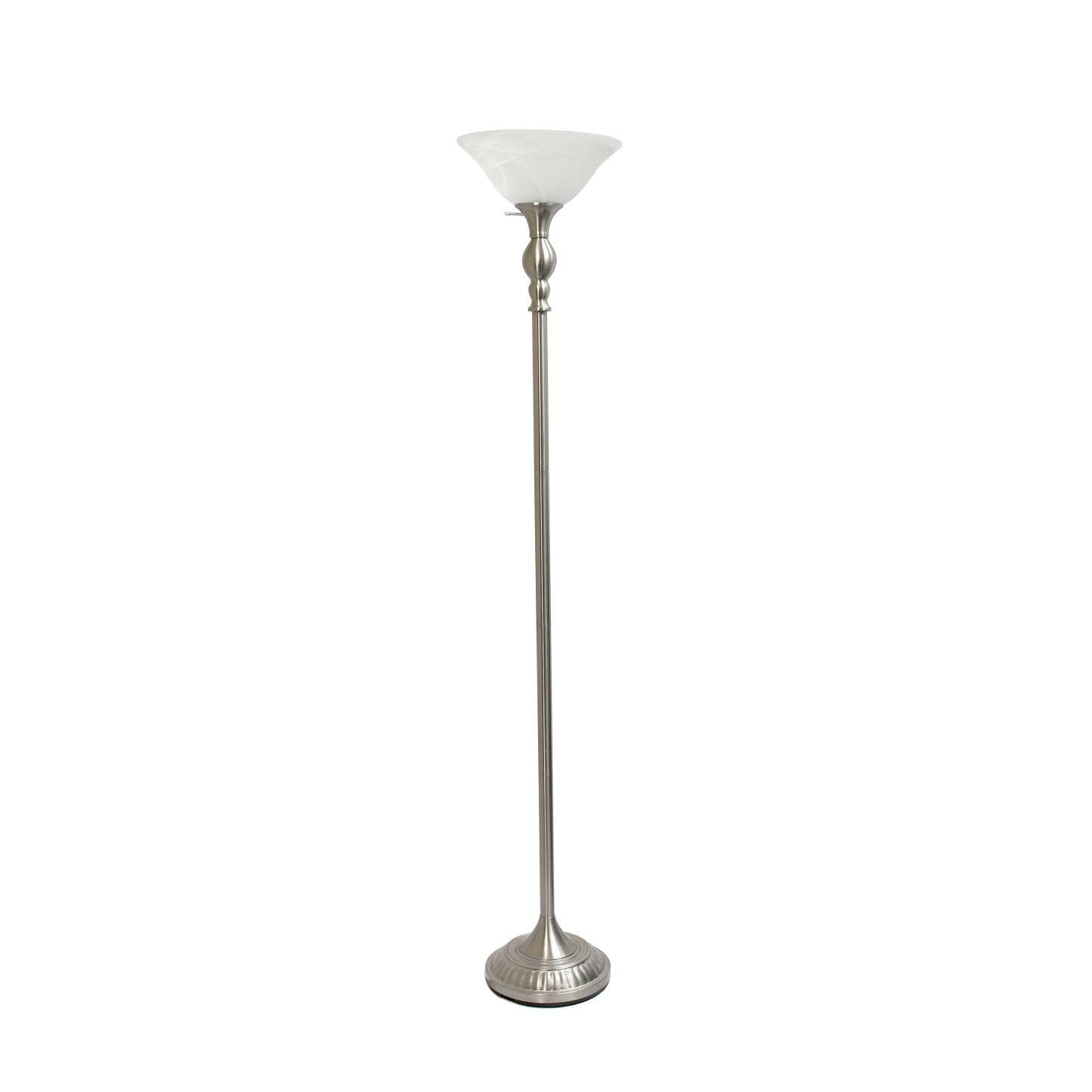 Lampe à pied torchère Elegant Designs à 1 ampoule avec abat-jour en verre marbré blanc, nickel brossé|D21PLLAB