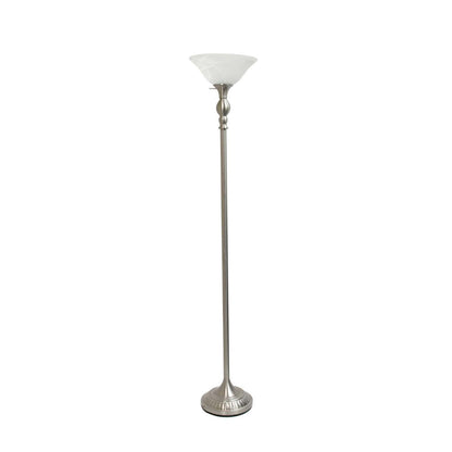 Lampe à pied torchère Elegant Designs à 1 ampoule avec abat-jour en verre marbré blanc, nickel brossé|D21PLLAB