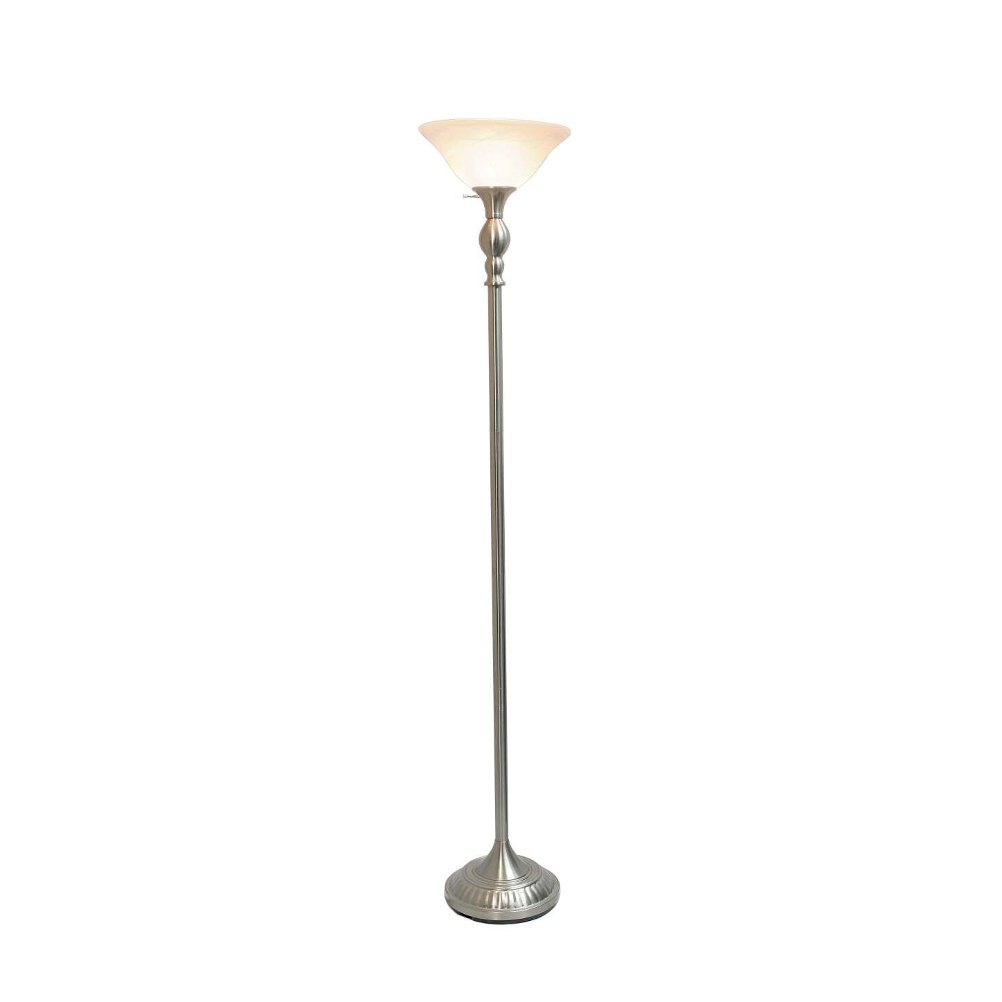 Lampe à pied torchère Elegant Designs à 1 ampoule avec abat-jour en verre marbré blanc, nickel brossé|D21PLLAB