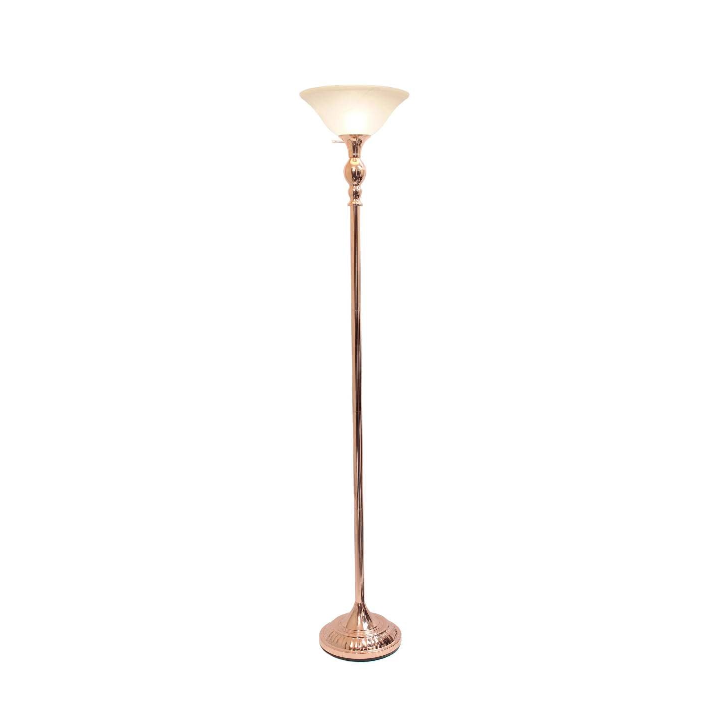 Lampe à pied torchère Elegant Designs à 1 ampoule avec abat-jour en verre marbré blanc, or rose|Lampe à pied torchère Elegant Designs à 1 ampoules, or rose|D21PFS3K
