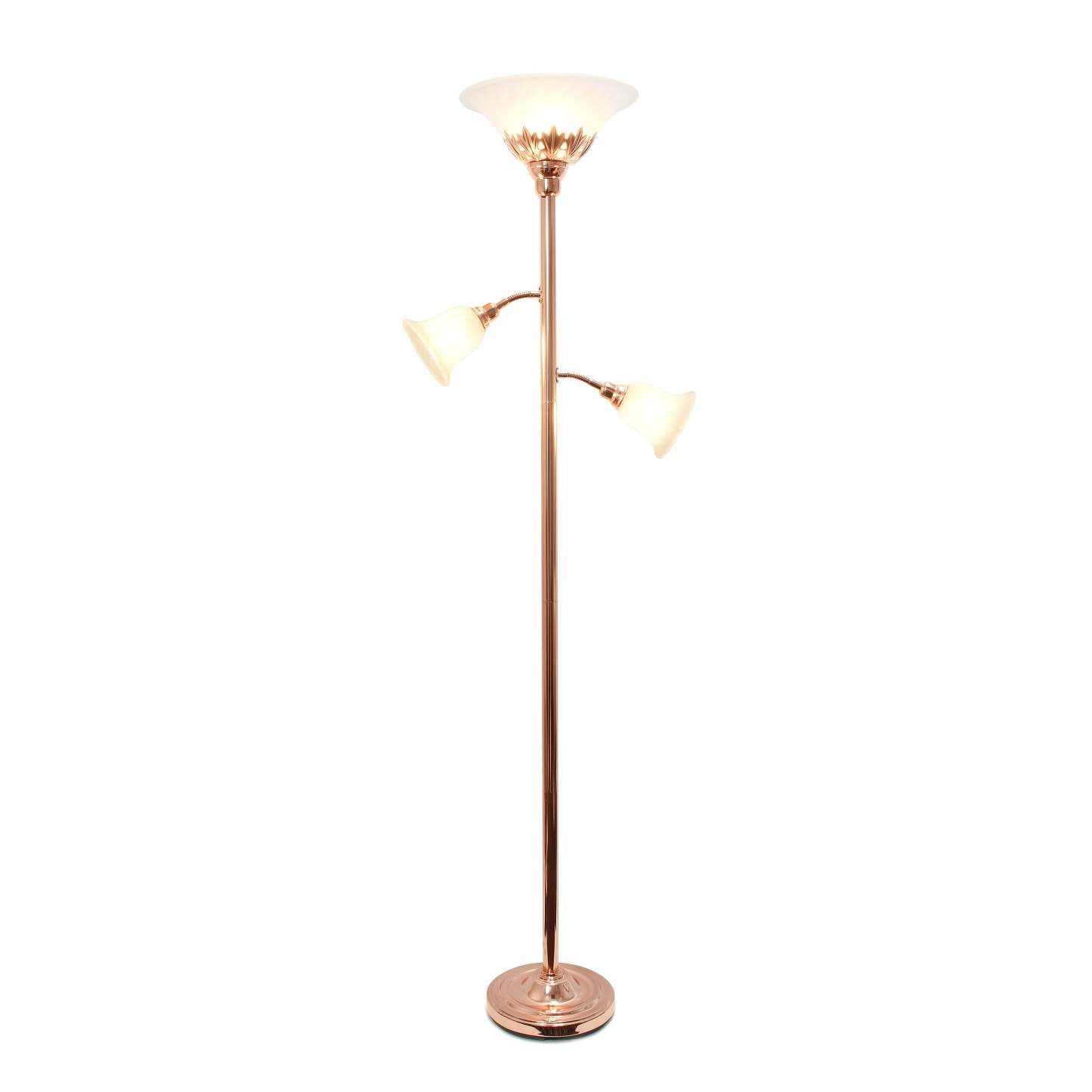 Lampe à pied Elegant Designs à 3 ampoules avec abat-jour en verre festonné, or rose|Lampe à pied Elegant Designs à 3 ampoules, or rose|D22I6VCE