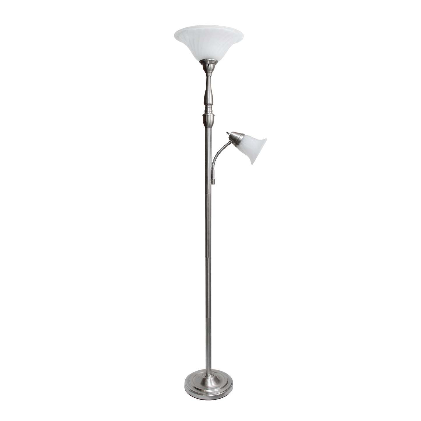 Elegant Designs 2 Light Mother Daughter Lampadaire avec verre en marbre blanc, nickel brossé|Lampe à pied mère et fille Elegant Designs à 2 ampoules avec verre marbré blanc, nickel brossé|D21F983I