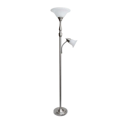Elegant Designs 2 Light Mother Daughter Lampadaire avec verre en marbre blanc, nickel brossé|Lampe à pied mère et fille Elegant Designs à 2 ampoules avec verre marbré blanc, nickel brossé|D21F983I