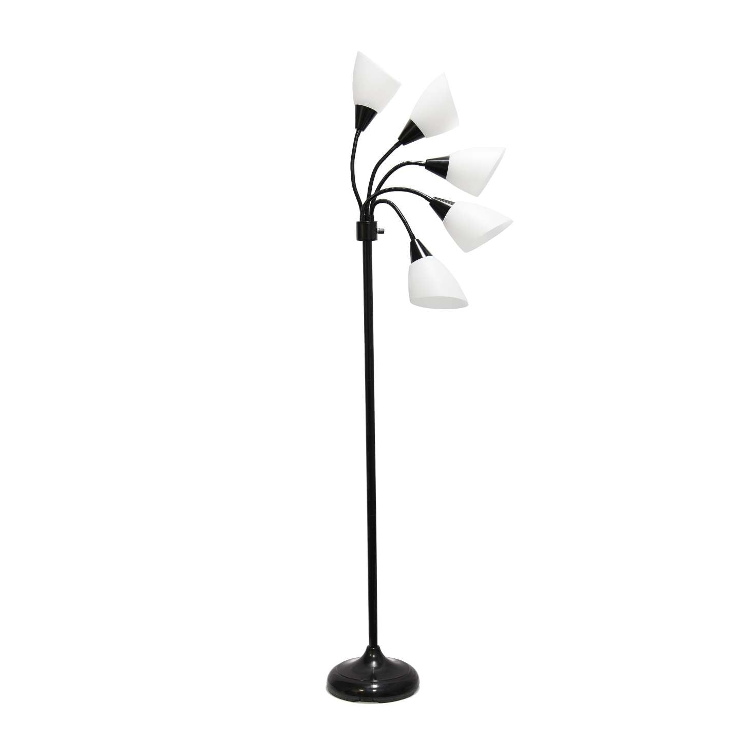 Simple Designs 67 Lampe à pied contemporaine Medusa à plusieurs têtes à 5 ampoules avec col de cygne réglable - noire et blanche