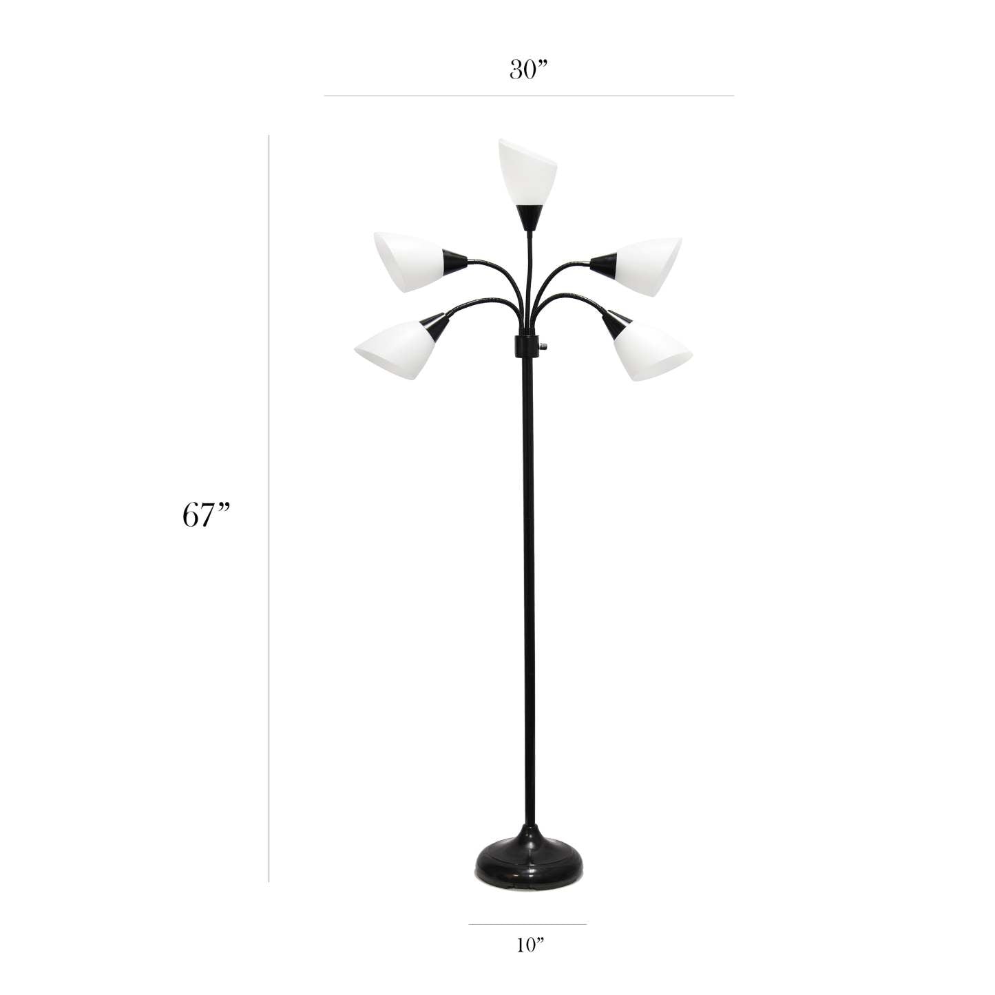 Simple Designs 67 Lampe à pied contemporaine Medusa à plusieurs têtes à 5 ampoules avec col de cygne réglable - noire et blanche