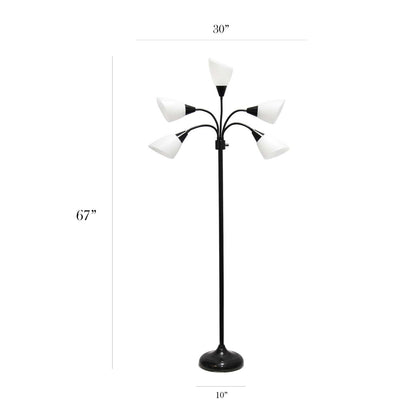 Simple Designs 67 Lampe à pied contemporaine Medusa à plusieurs têtes à 5 ampoules avec col de cygne réglable - noire et blanche