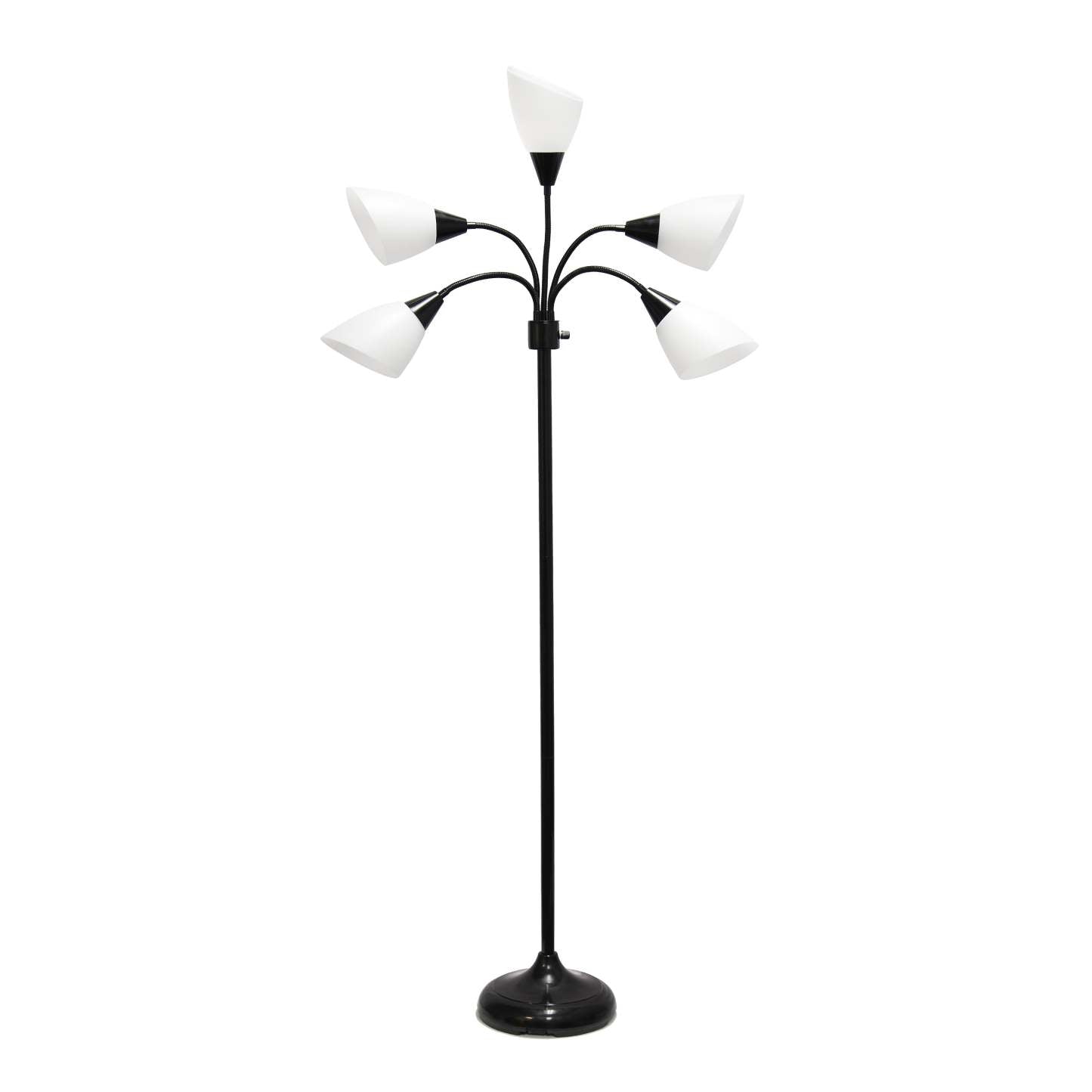 Simple Designs 67 Lampe à pied contemporaine Medusa à plusieurs têtes à 5 ampoules avec col de cygne réglable - noire et blanche