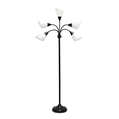 Simple Designs 67 Lampe à pied contemporaine Medusa à plusieurs têtes à 5 ampoules avec col de cygne réglable - noire et blanche