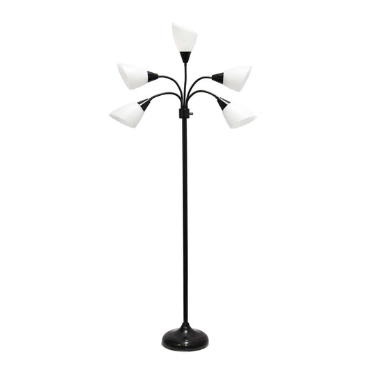 Simple Designs 67 Lampe à pied contemporaine Medusa à plusieurs têtes à 5 ampoules avec col de cygne réglable - noire et blanche